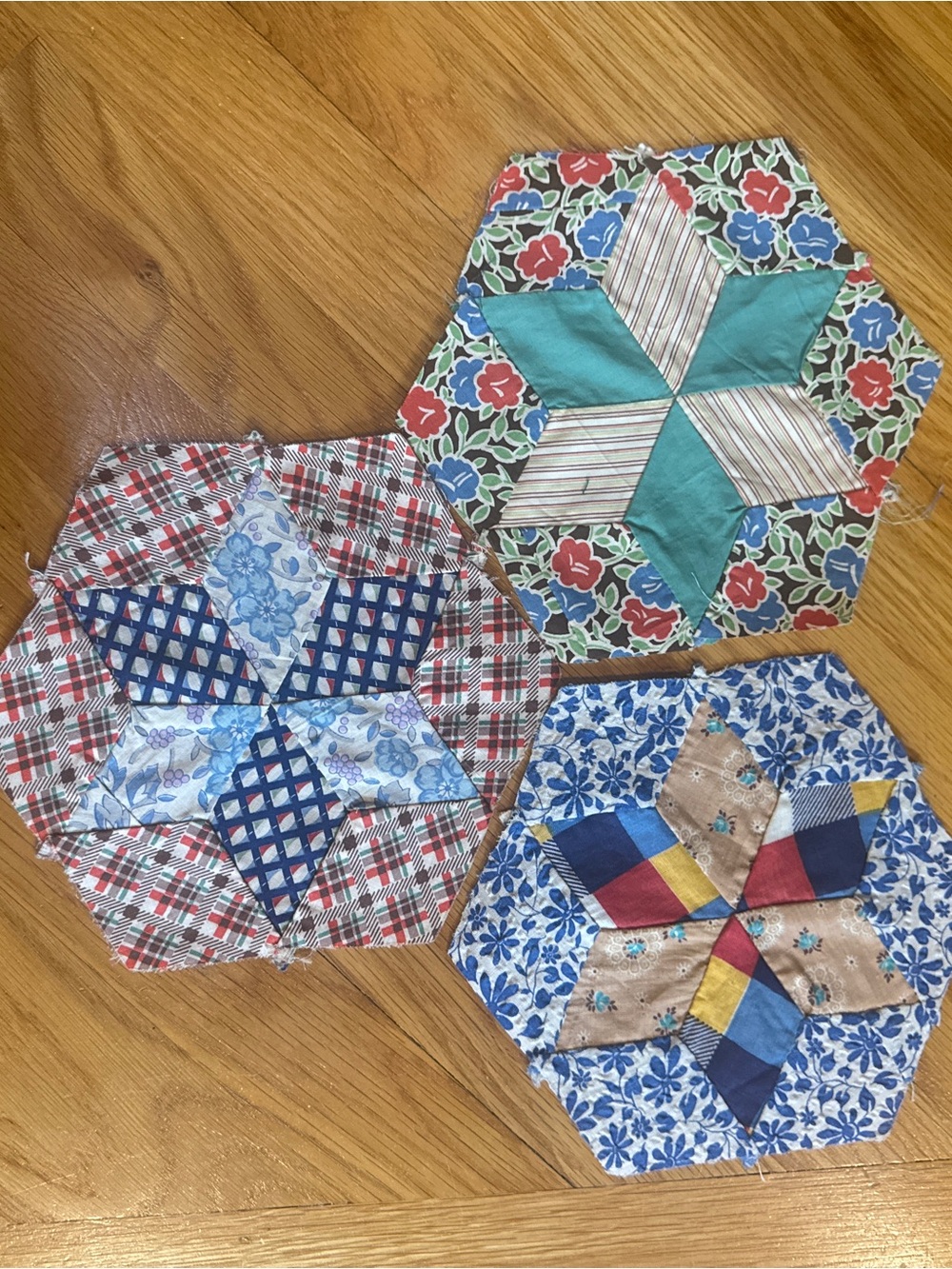 Vintage-Inspired Hexagon Patchwork quilt pieces. Set of 3